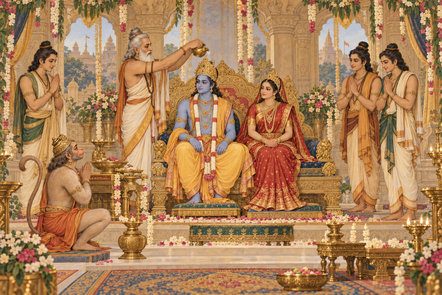 Rāma and Sītā sit together as a sage pours ceremonial water, with the brothers and Hanumān nearby.