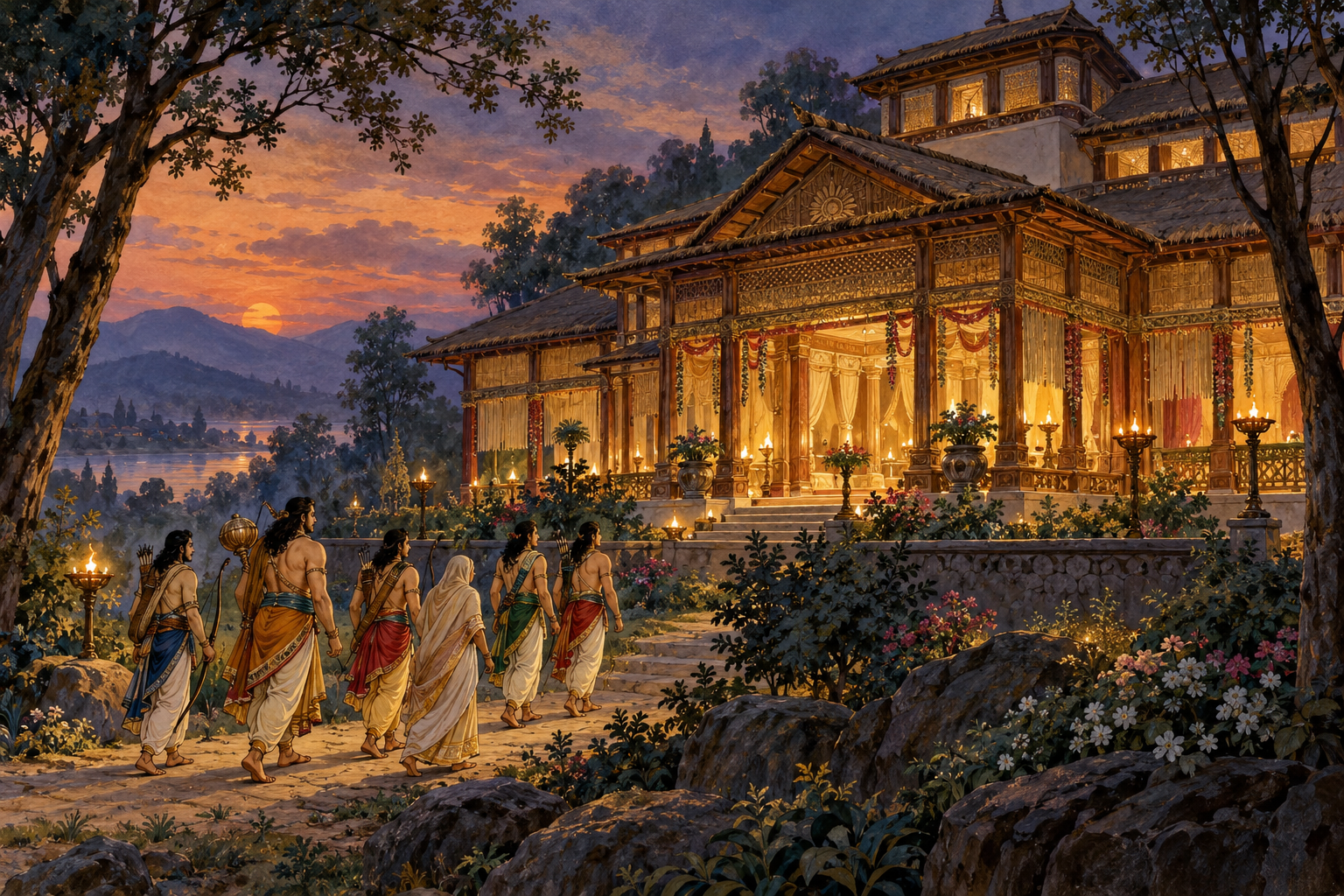 The five Pāṇḍava brothers and Kuntī approach an ornate, illuminated residence at twilight.