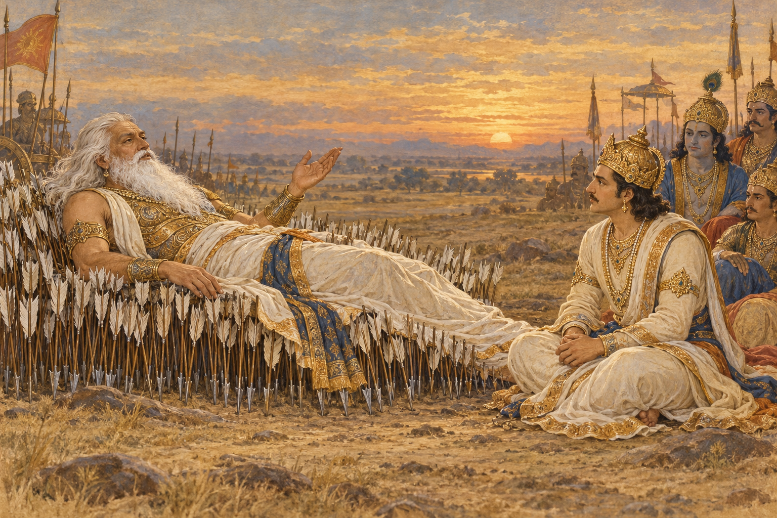 Bhishma teaching Yudhishthira while reclining on a bed of arrows, with quiet listeners nearby.