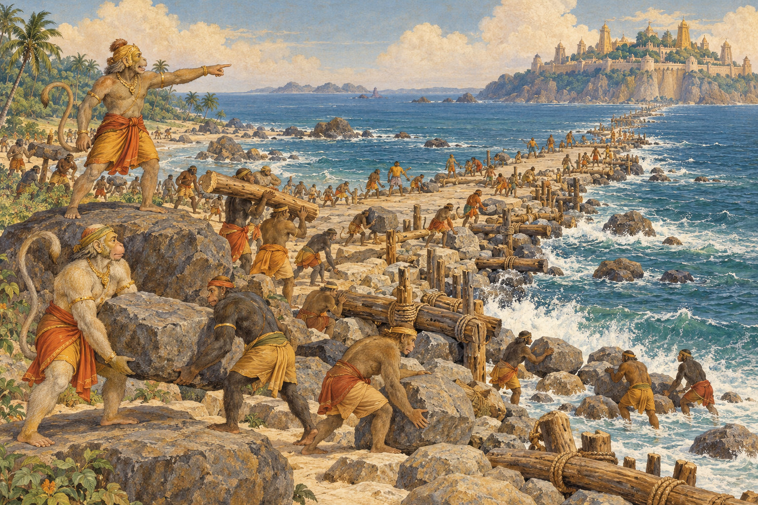 Nala directs vānaras carrying stones and timber to build a causeway.