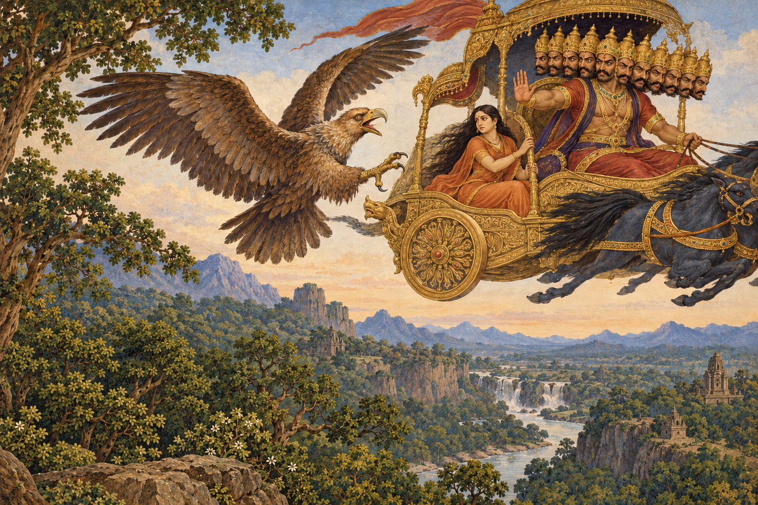 Jaṭāyu confronts Rāvaṇa’s airborne chariot carrying Sītā above a forest.