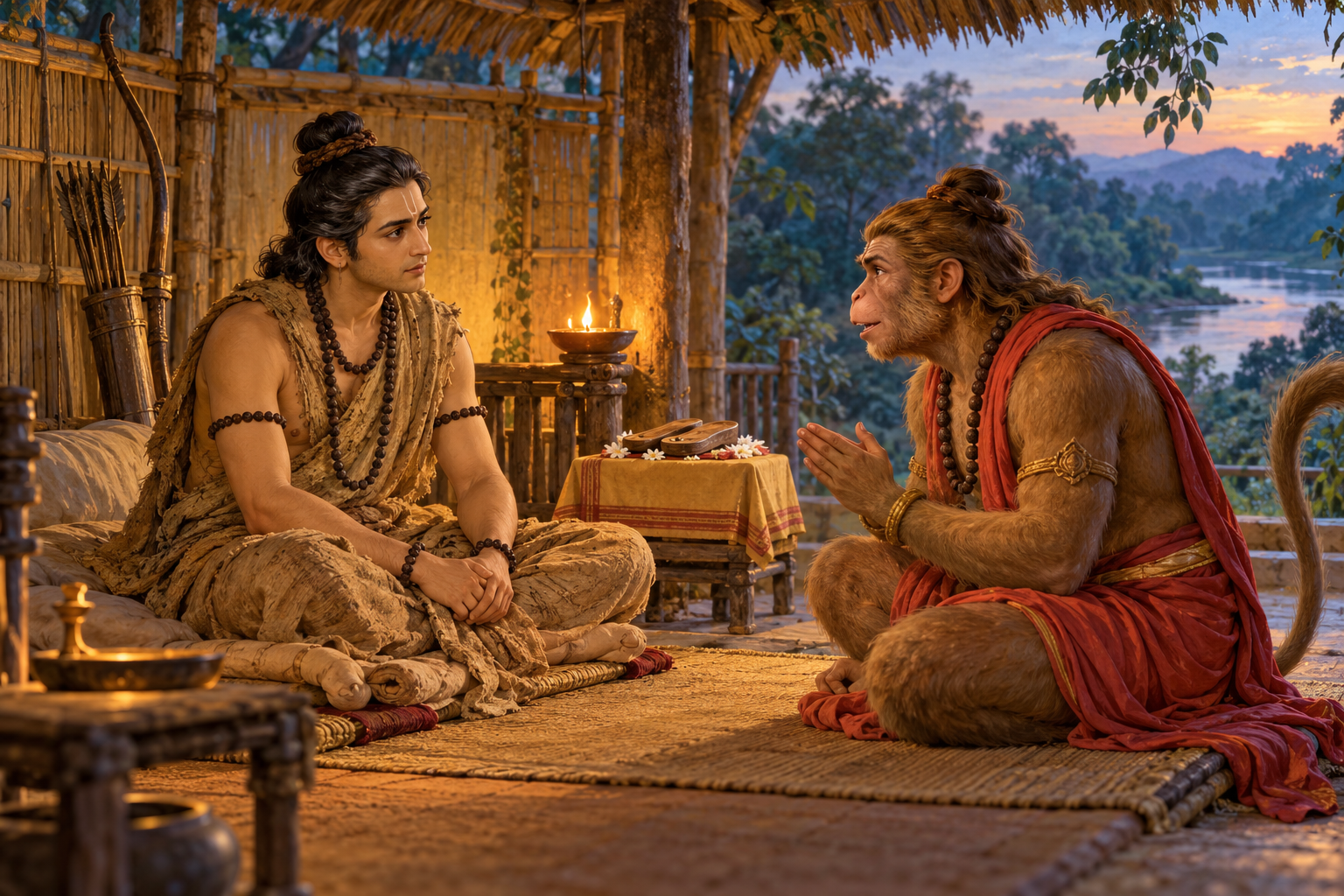 Bharata listens to Hanumān in a simple dwelling, with Rāma’s wooden sandals nearby.