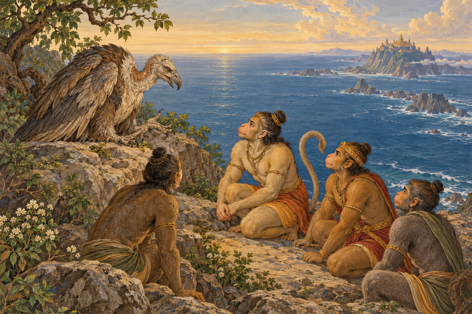 An aged vulture speaks to vānaras on a coastal bluff.
