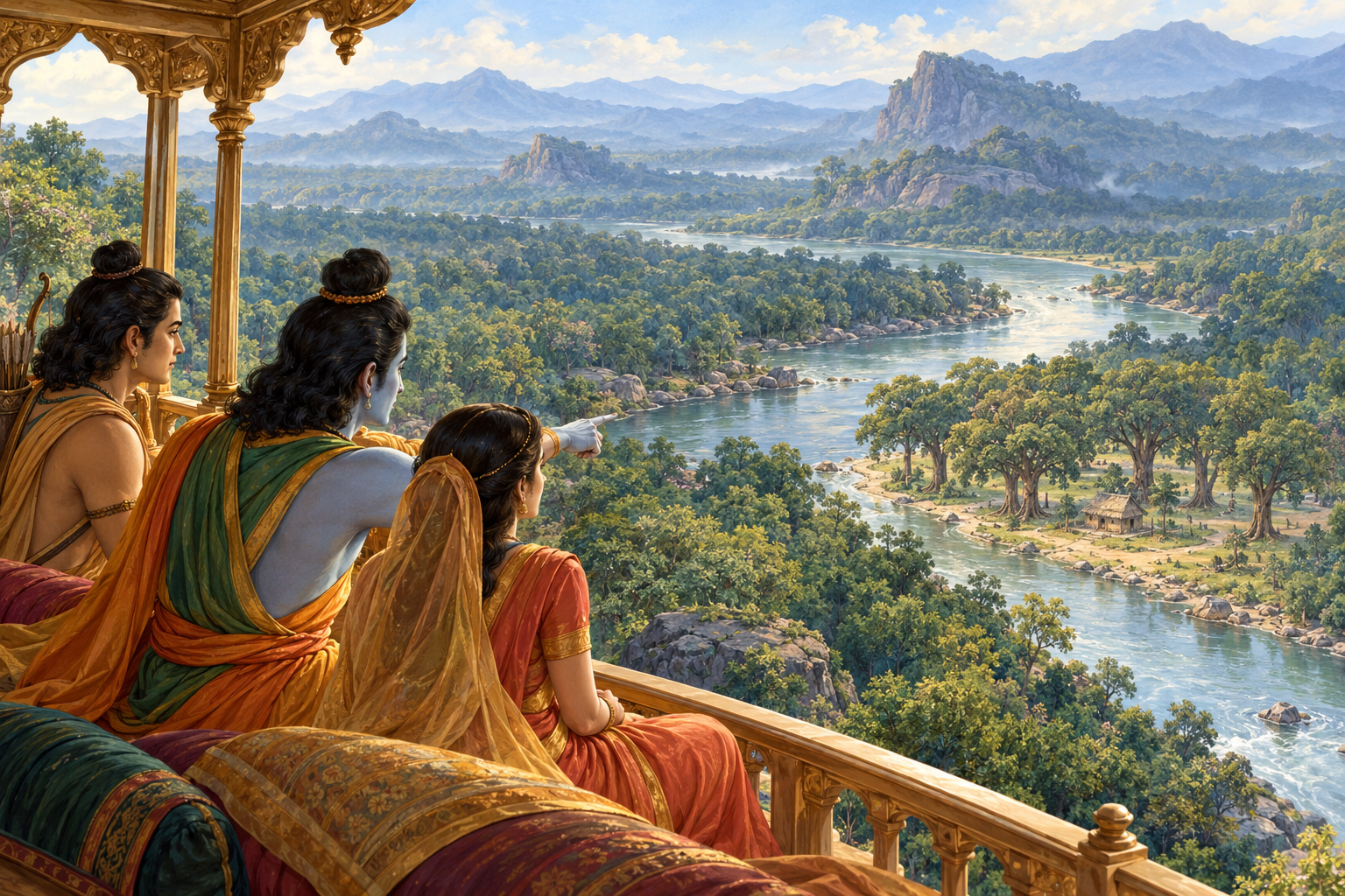 Rāma points across a forest river landscape while Sītā listens inside Puṣpaka.