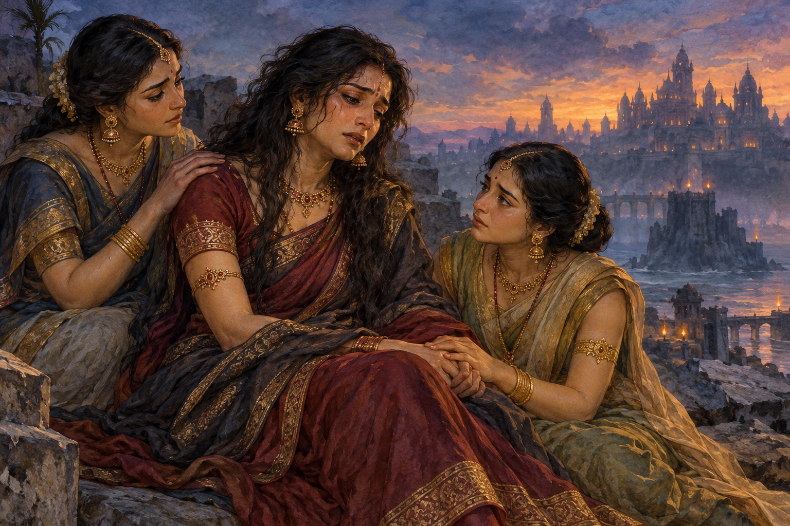 Two grieving women support Mandodarī against a distant Laṅkā skyline.