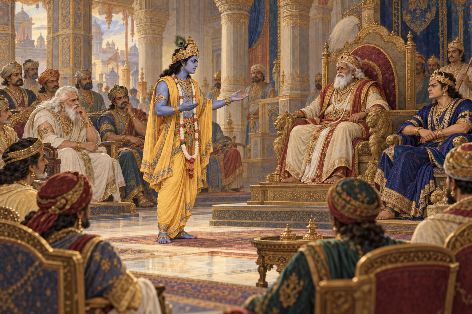 Krishna addresses Dhritarashtra, Duryodhana and the elders in the Kuru royal assembly.