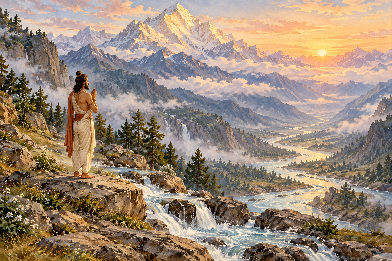 Bhagīratha stands in prayer beside a Himalayan stream at dawn.
