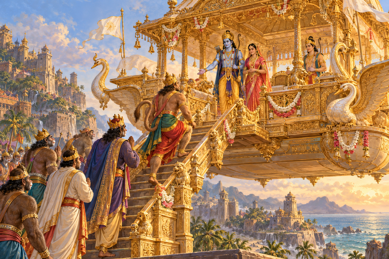 Rāma and Sītā welcome the allies aboard an imagined ornate aerial pavilion.