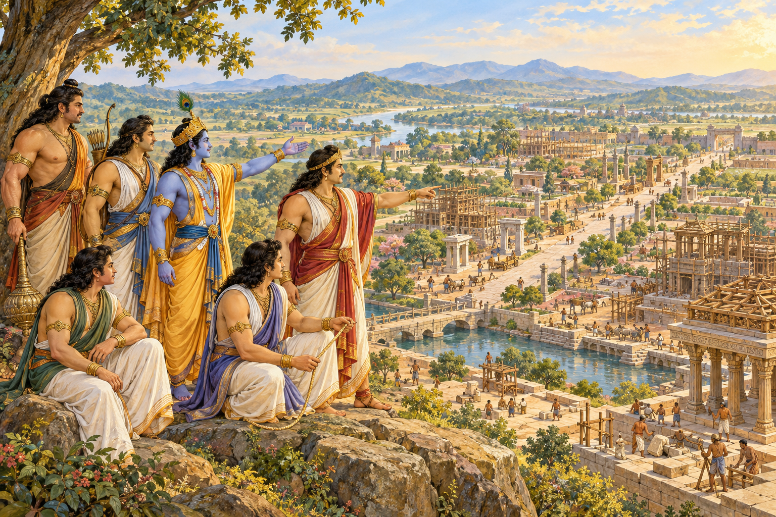 Kṛṣṇa and the five brothers survey an imagined developing city with builders, roads and gardens.