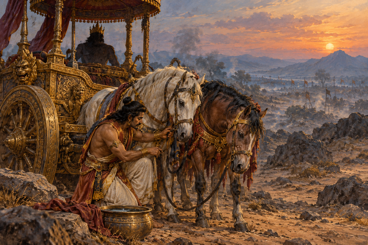 A charioteer attends to tired horses beside a stationary royal chariot.