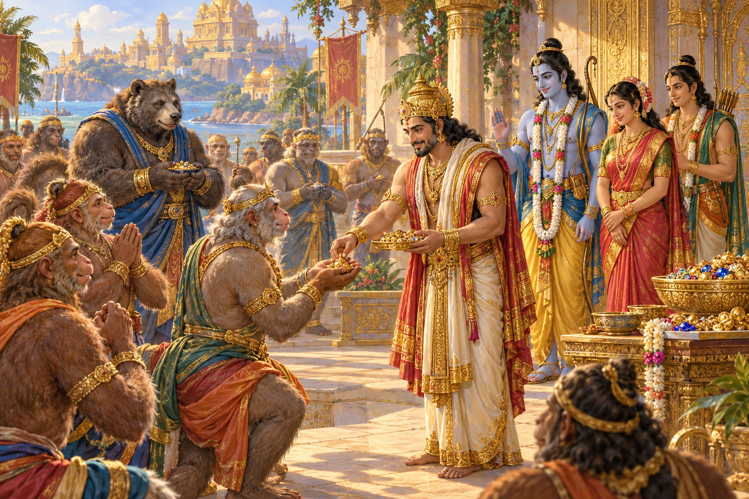Vibhīṣaṇa distributes gifts to vānara and bear allies while Rāma looks on.