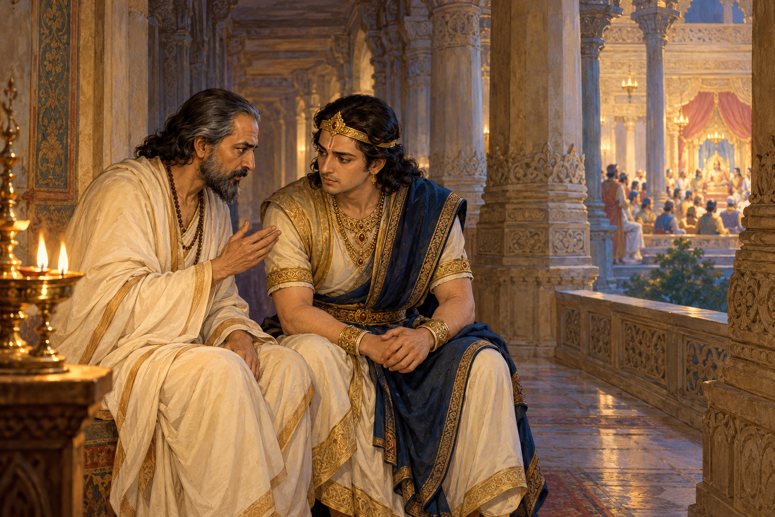 Vidura speaks quietly with Yudhiṣṭhira in an imagined palace corridor.