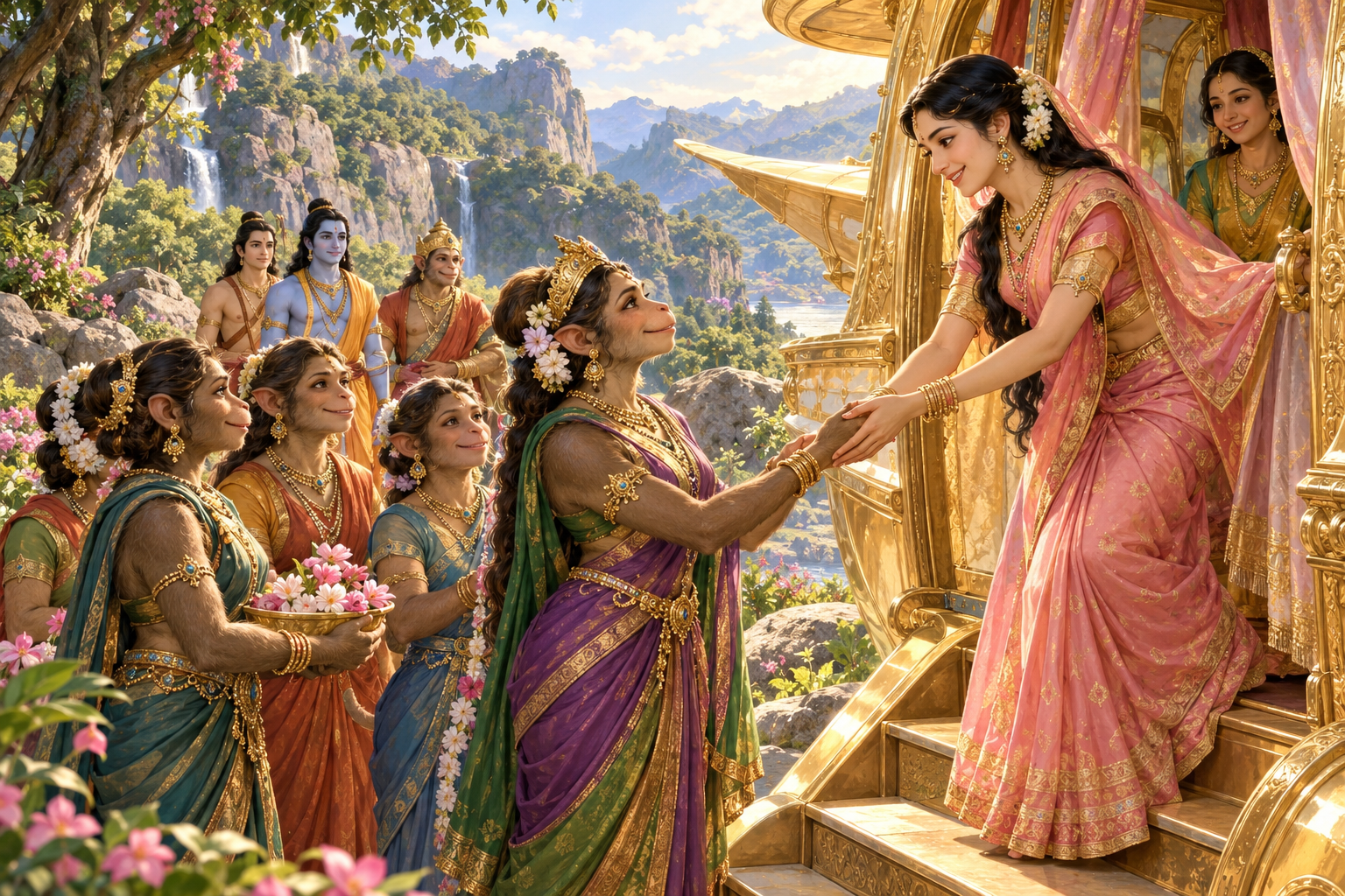 Sītā welcomes Tārā and other vānara women at the entrance to Puṣpaka.