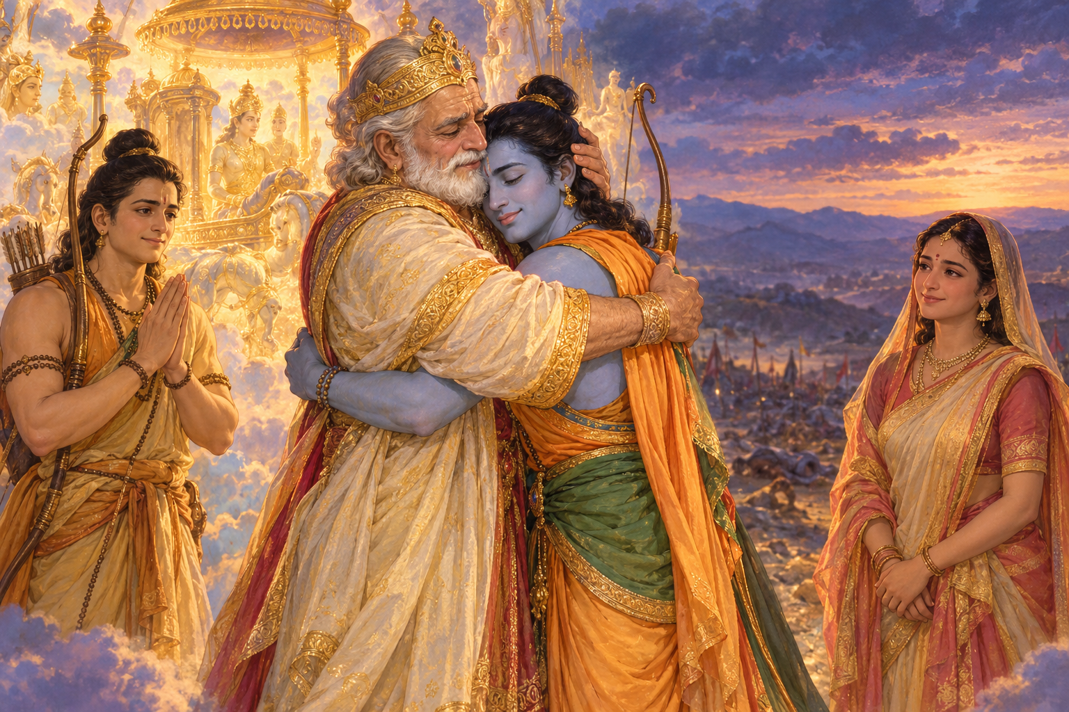 Daśaratha embraces Rāma while Lakṣmaṇa and Sītā stand nearby in a luminous scene.