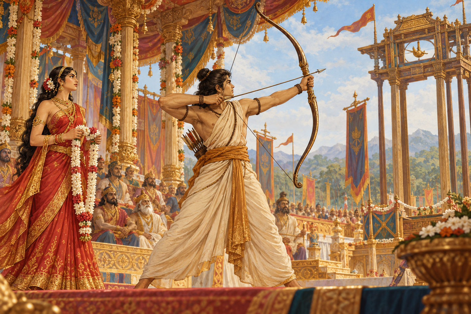 Arjuna aims toward an elevated mark while Draupadī watches with a garland.