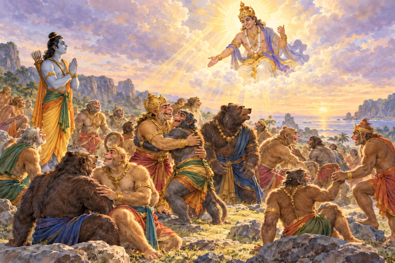 Indra appears above Rāma as healed vānara and bear allies greet one another.