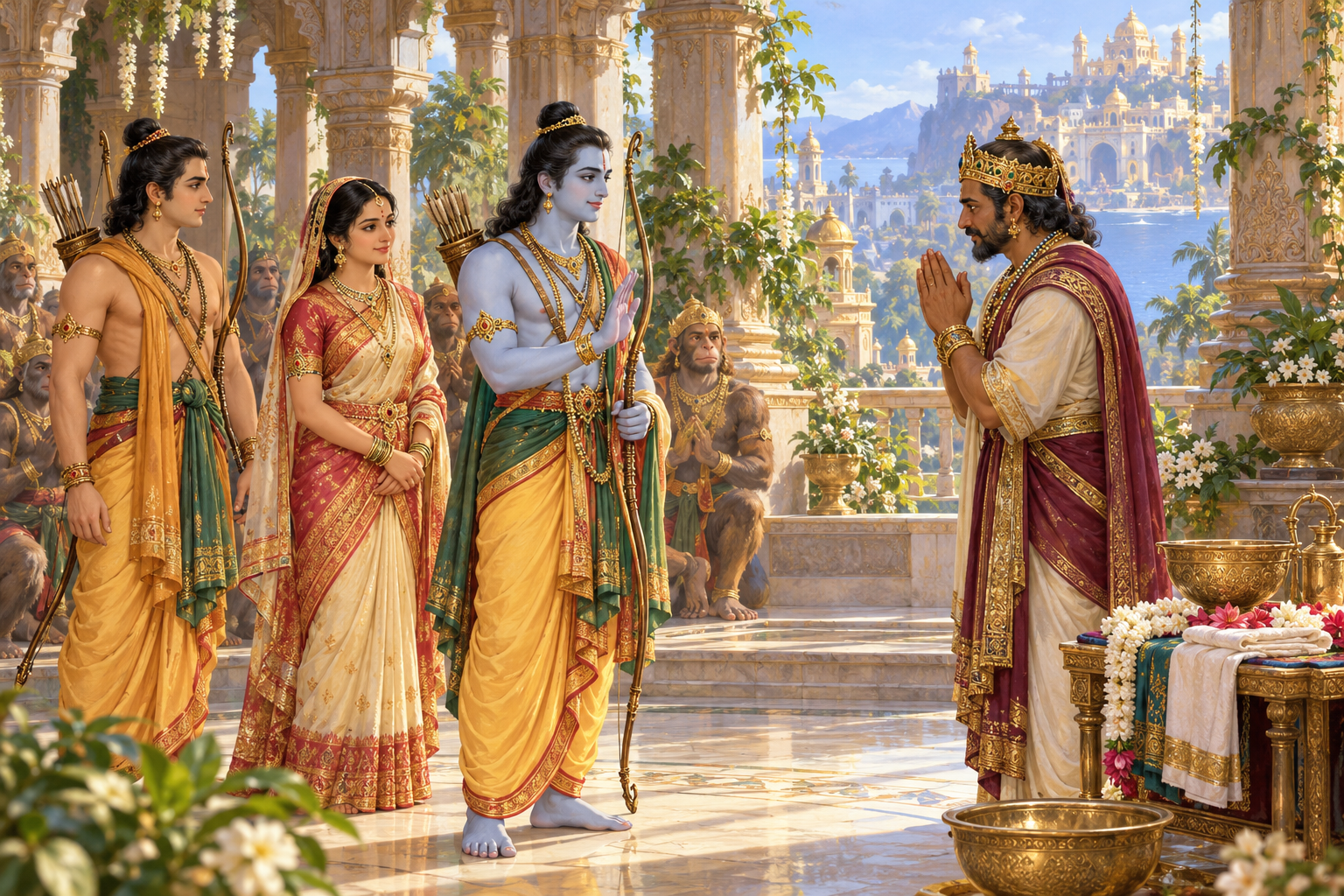 Rāma responds to Vibhīṣaṇa’s offer of hospitality, with companions nearby.