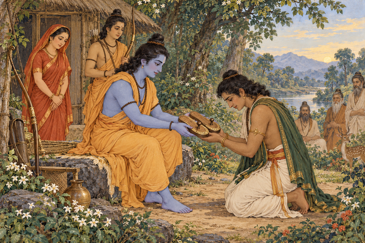 Rama offers a pair of wooden sandals to a kneeling Bharata at a forest hermitage, with Sita and Lakshmana nearby.