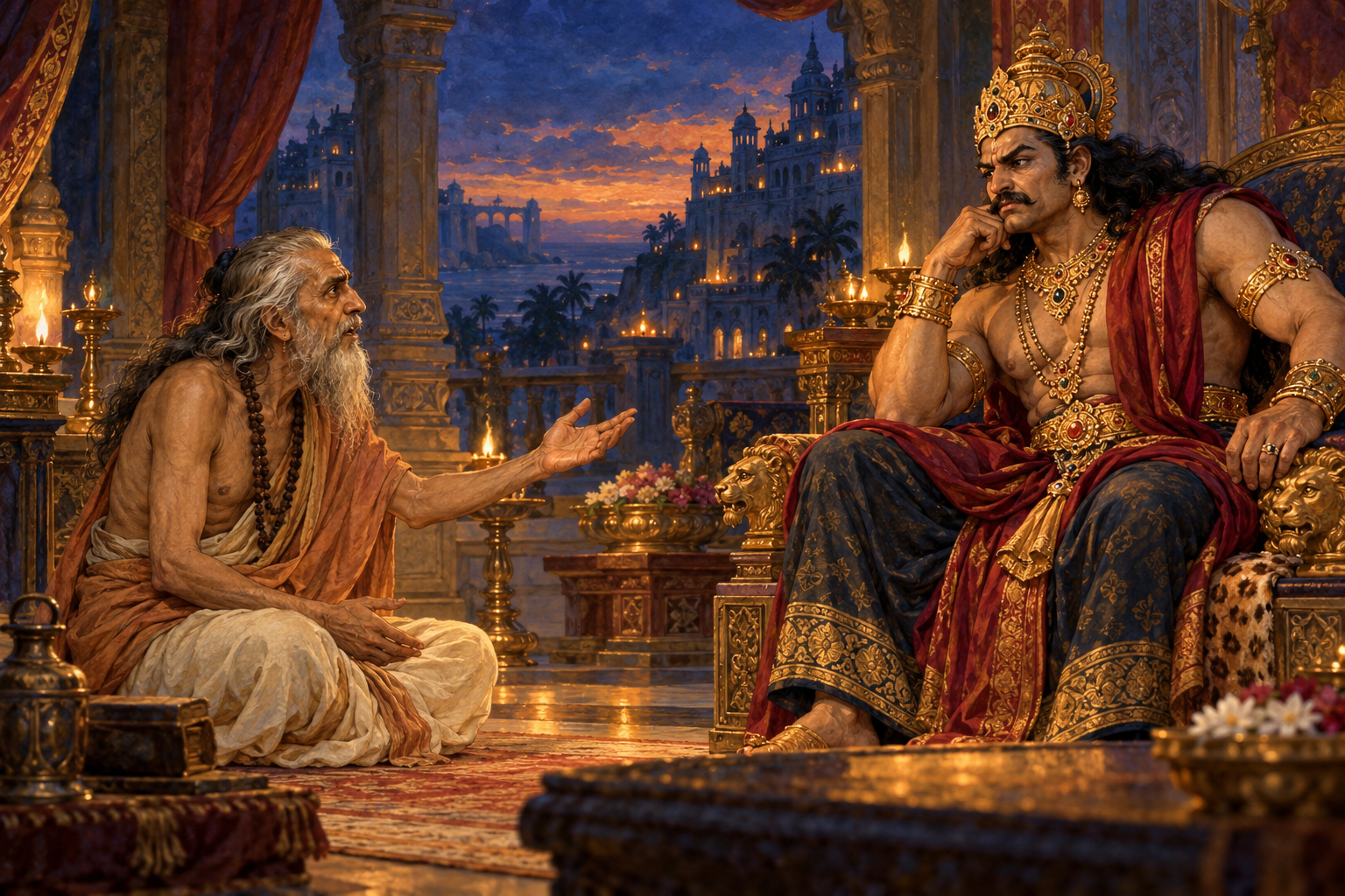 Mārīca offers earnest counsel to a crowned Rāvaṇa seated in an imagined palace chamber.