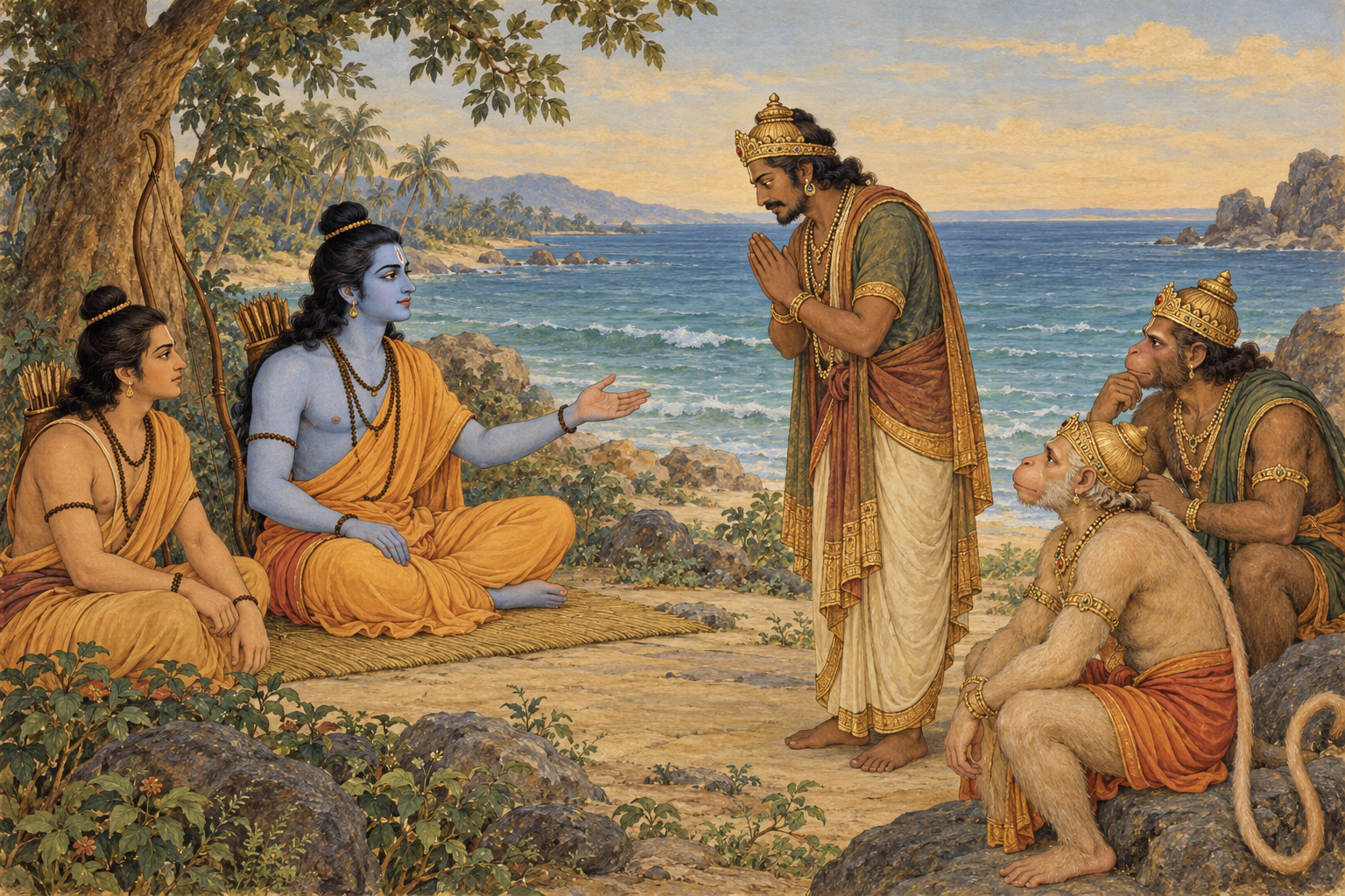 Vibhīṣaṇa stands with joined palms before Rāma at the ocean-side camp.