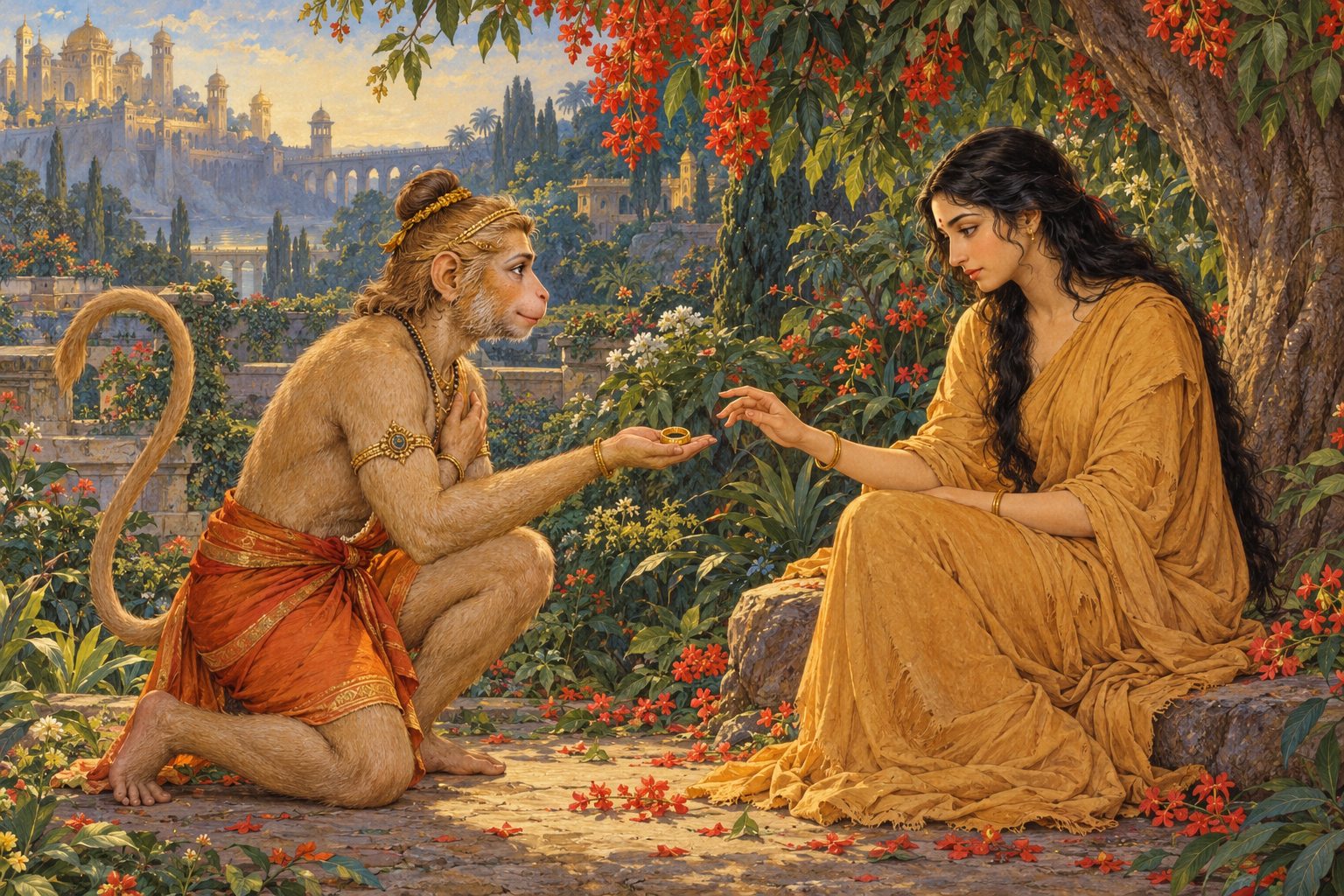 Hanuman offers a small gold ring to an attentive Sita seated beneath a flowering tree in the grove at Lanka.