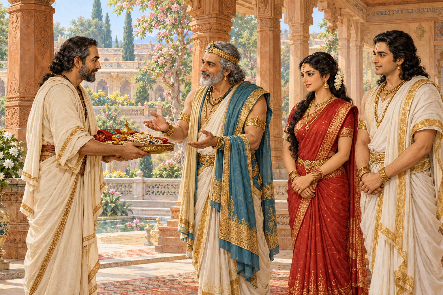Vidura offers a tray of gifts to Drupada while Draupadī and Yudhiṣṭhira stand nearby.