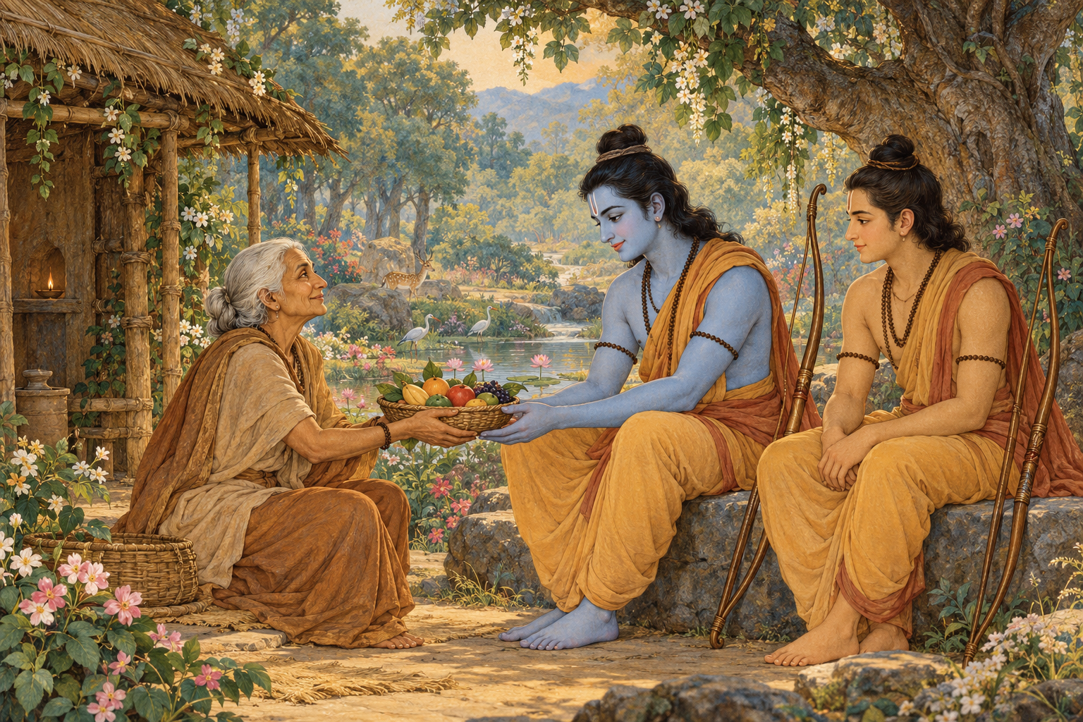 An elderly Śabarī offers fruit to Rāma, with Lakṣmaṇa beside him.