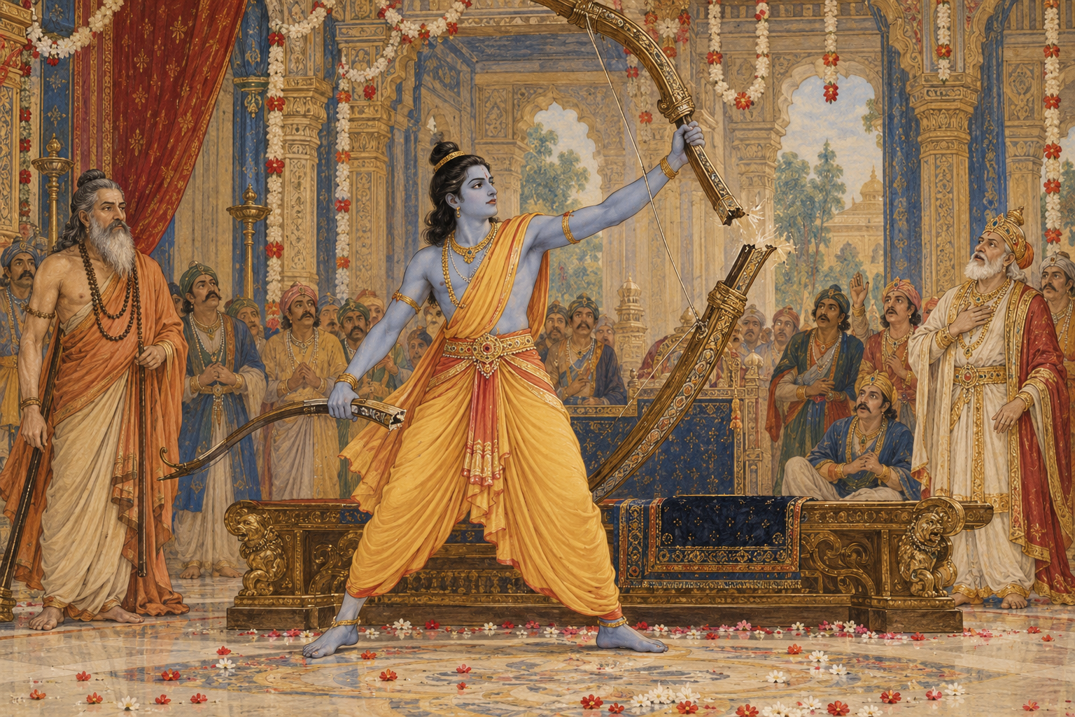 Rāma holds the broken bow in a ceremonial hall before Janaka and Viśvāmitra.