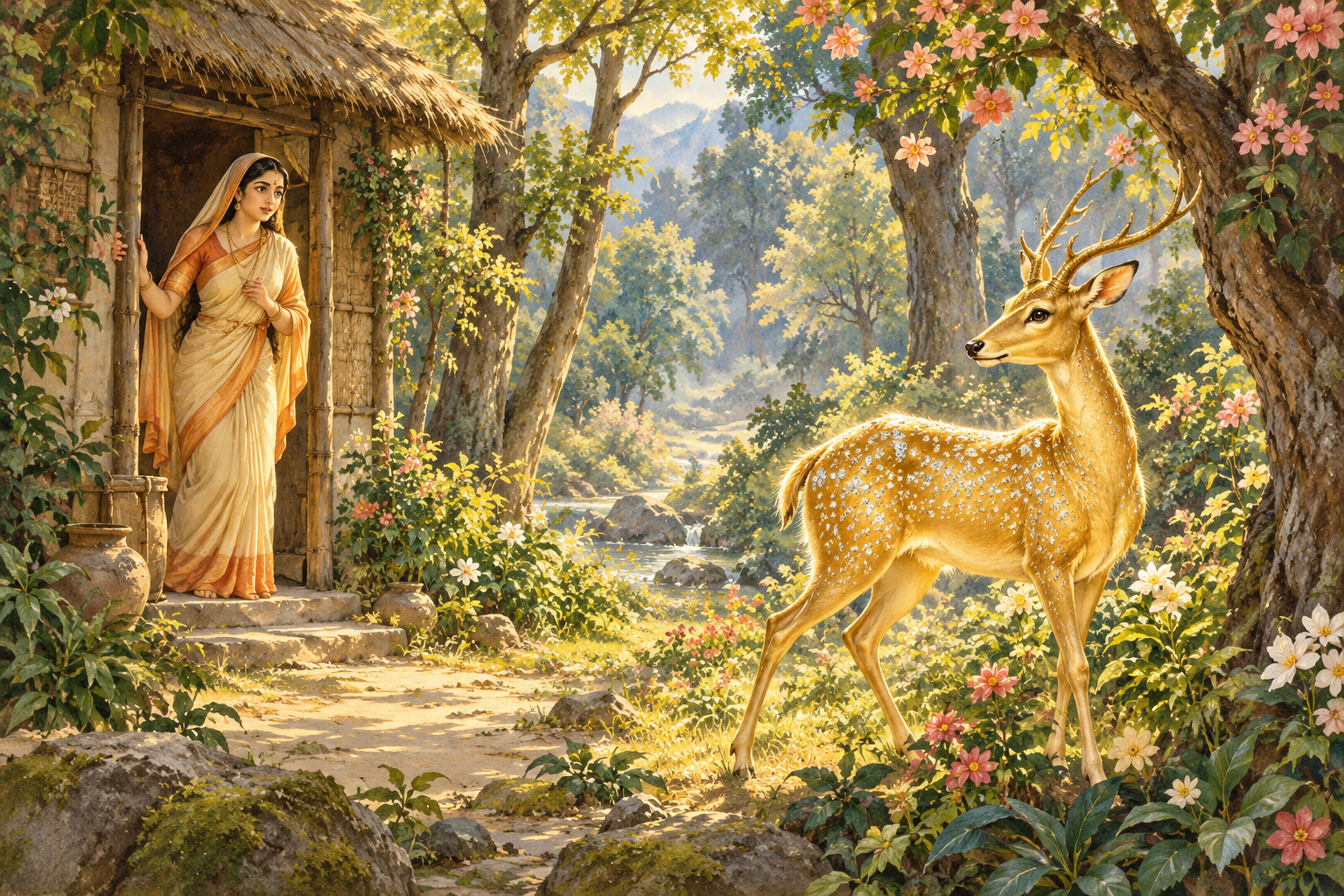 Sītā watches a golden deer among flowering trees outside a forest hermitage.