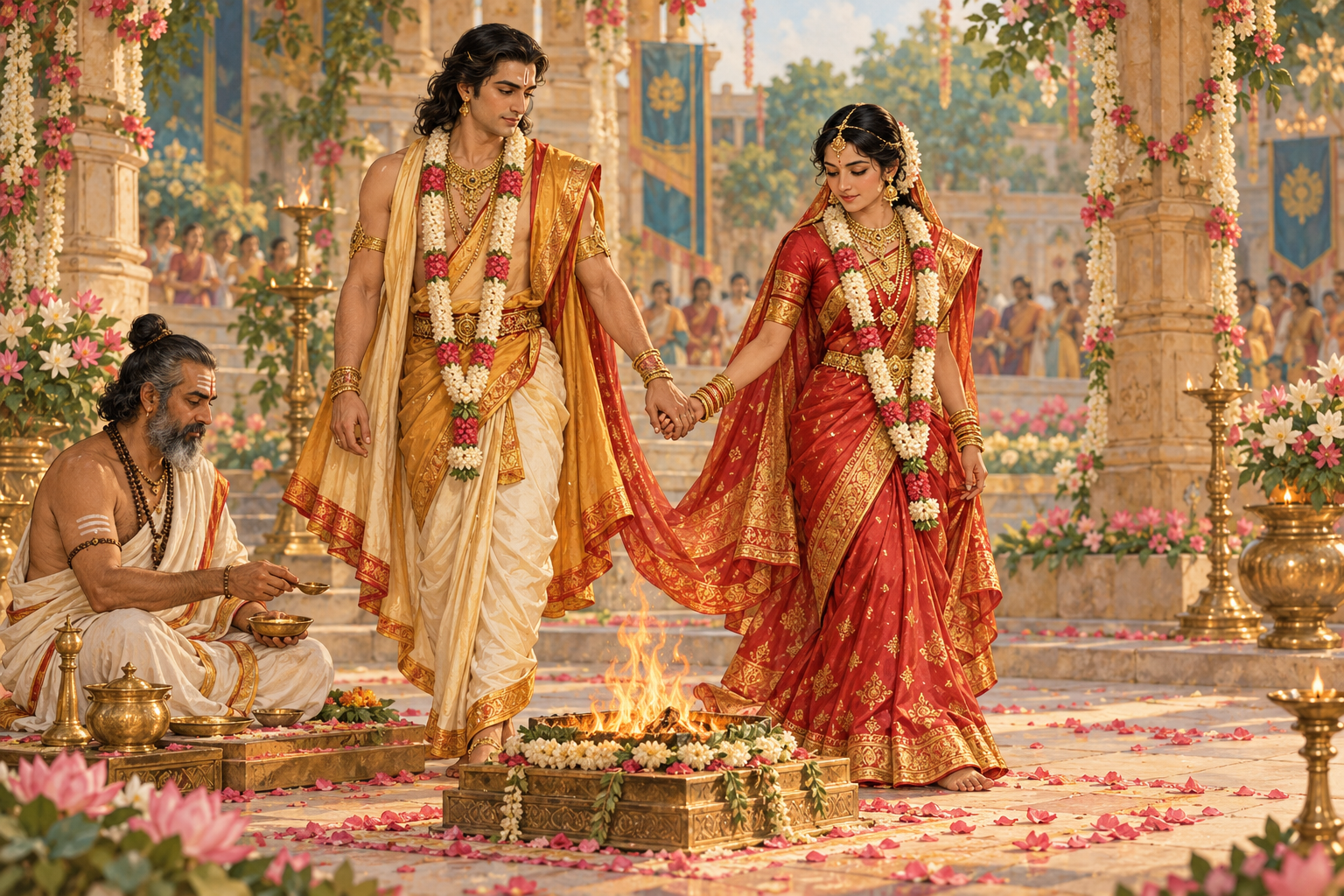Yudhiṣṭhira and Draupadī hold hands beside a sacred fire as Dhaumya officiates.