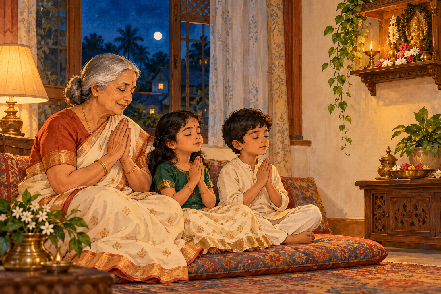 A grandmother and two children sit with joined palms during an evening prayer at home.