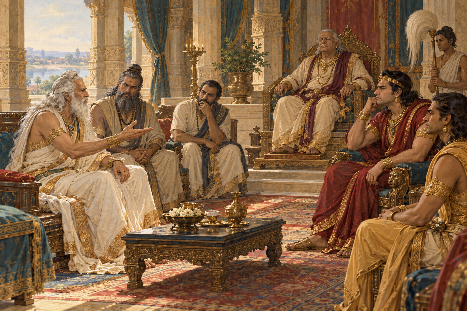 Bhīṣma speaks before Dhṛtarāṣṭra and assembled counselors in an imagined palace chamber.