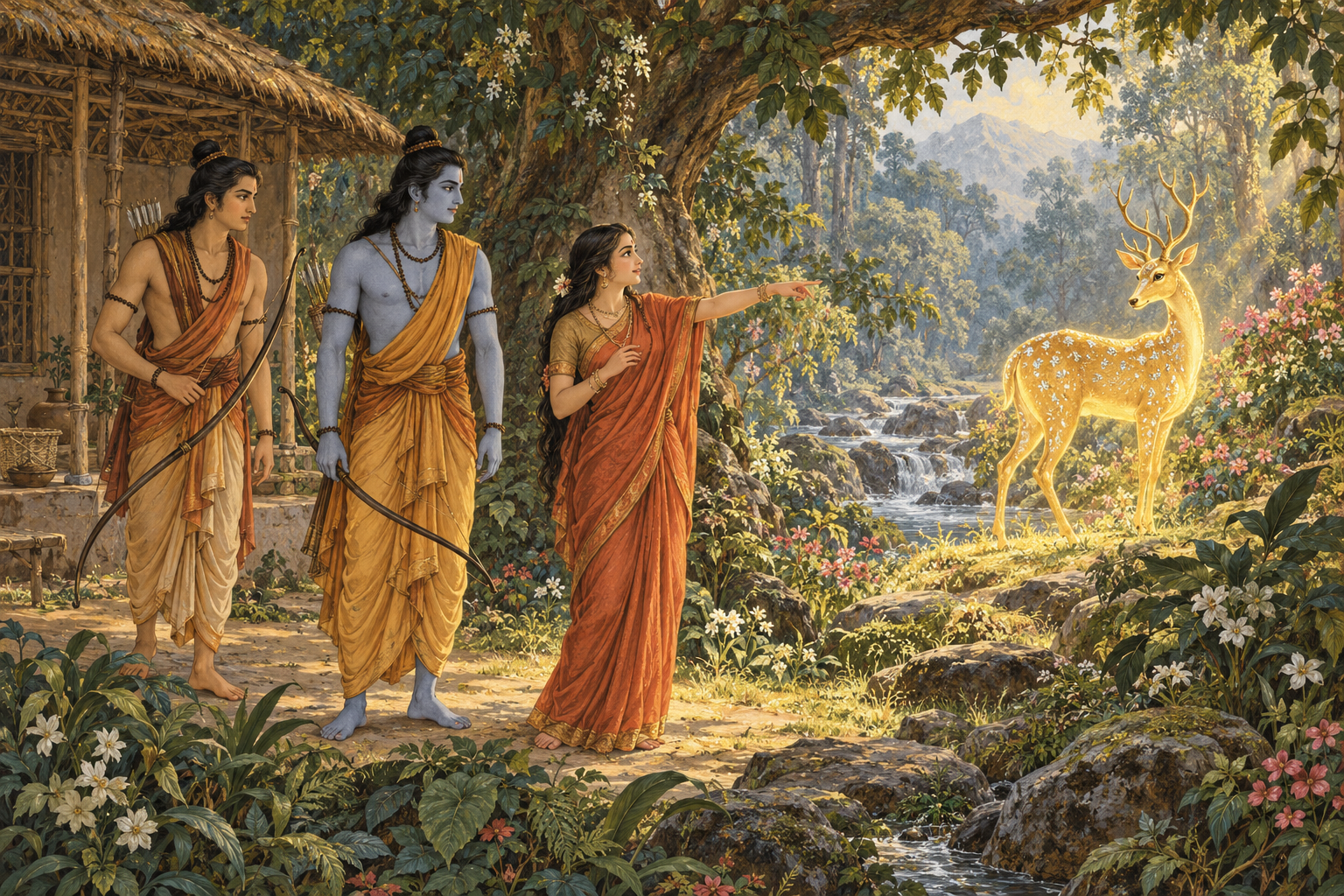 Sītā points to a luminous golden deer while Rāma and Lakṣmaṇa consider it.