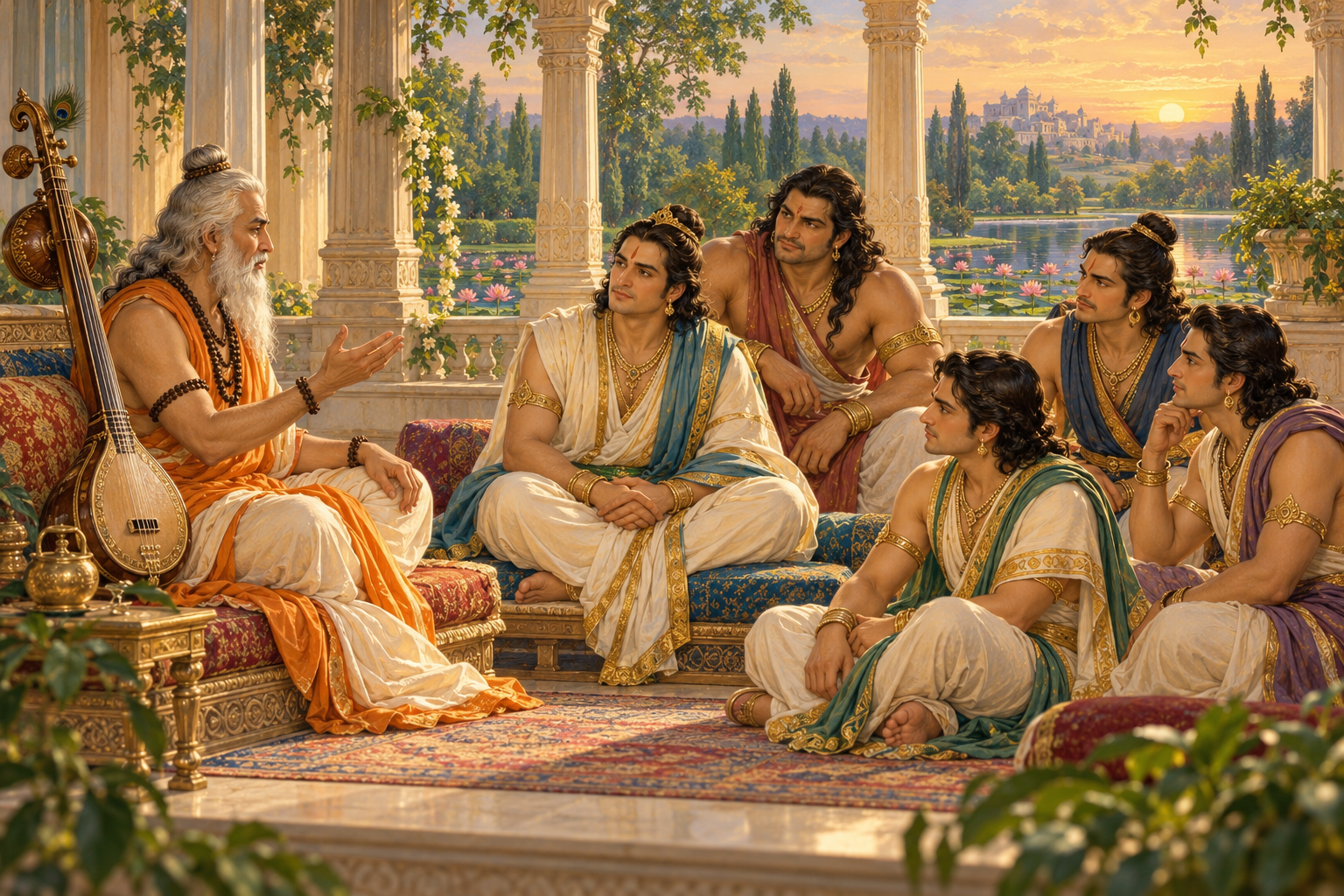 Nārada, with a vīṇā beside him, addresses the five brothers on an imagined veranda.