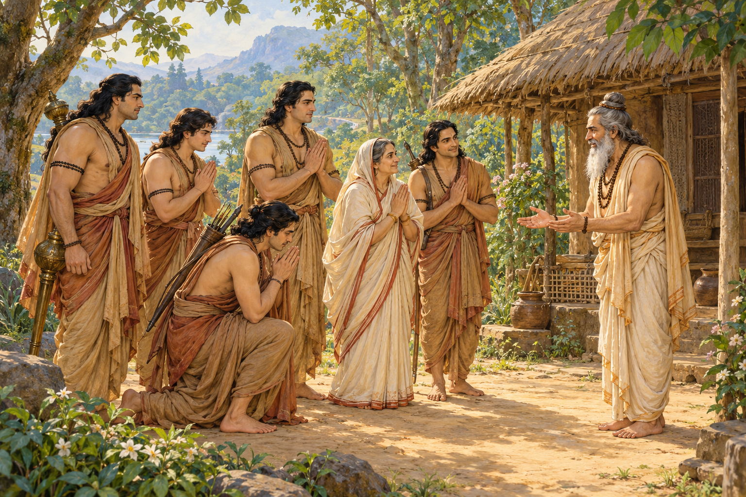 Dhaumya greets Kuntī and the five Pāṇḍava brothers beside an imagined forest hermitage.