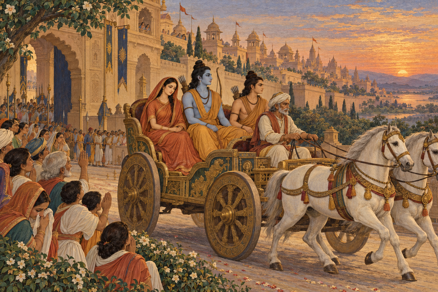 Rāma, Sītā and Lakṣmaṇa depart in a horse-drawn chariot while citizens watch.