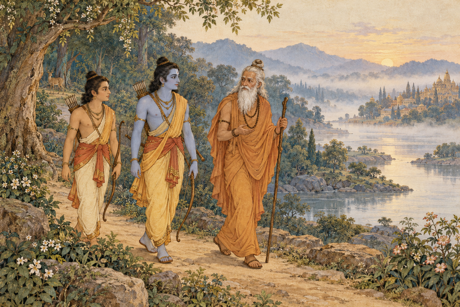 Rāma and Lakṣmaṇa travel beside a river with Viśvāmitra.