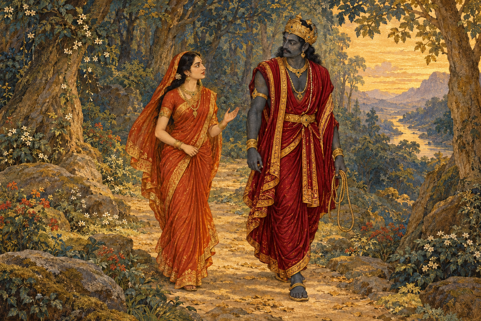 Savitri speaks resolutely with Yama, portrayed in red attire carrying a noose, on a forest path.