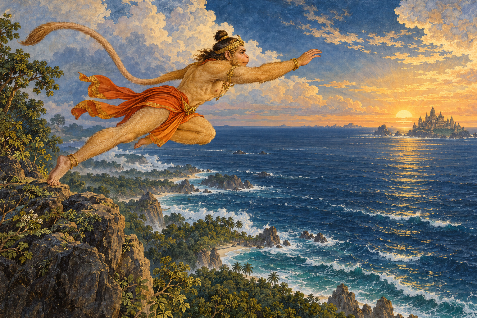 Hanumān leaps from a rocky headland across the ocean.