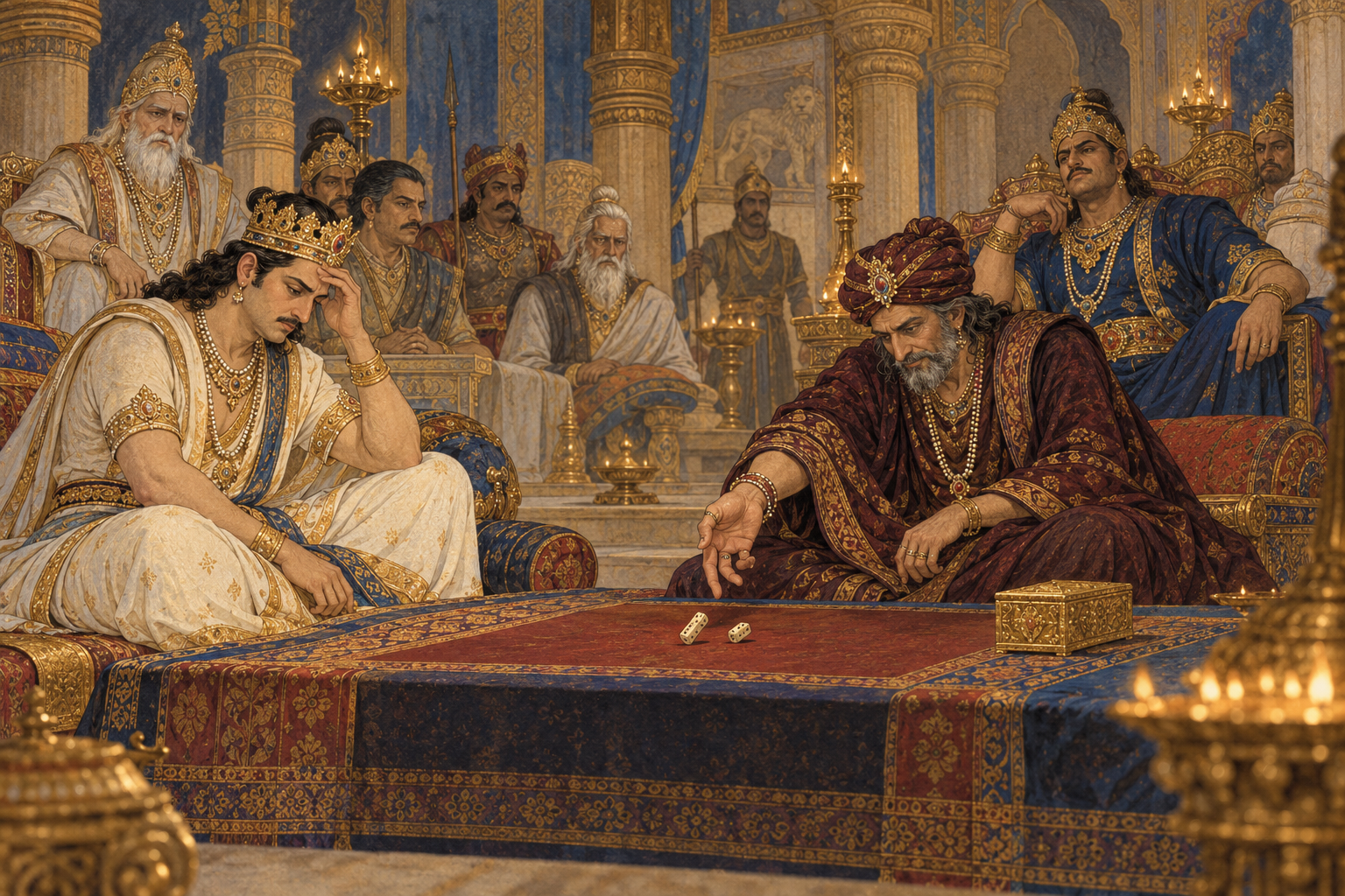 Artistic depiction of Yudhishthira facing Shakuni across a dice cloth while Duryodhana and court elders watch.