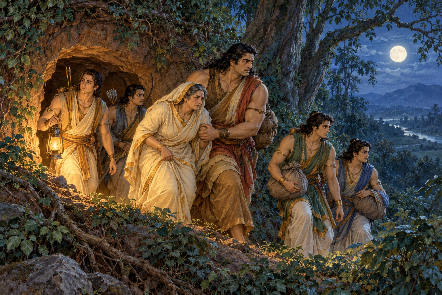 The five Pāṇḍava brothers and Kuntī emerge from an earthen passage into a moonlit forest.
