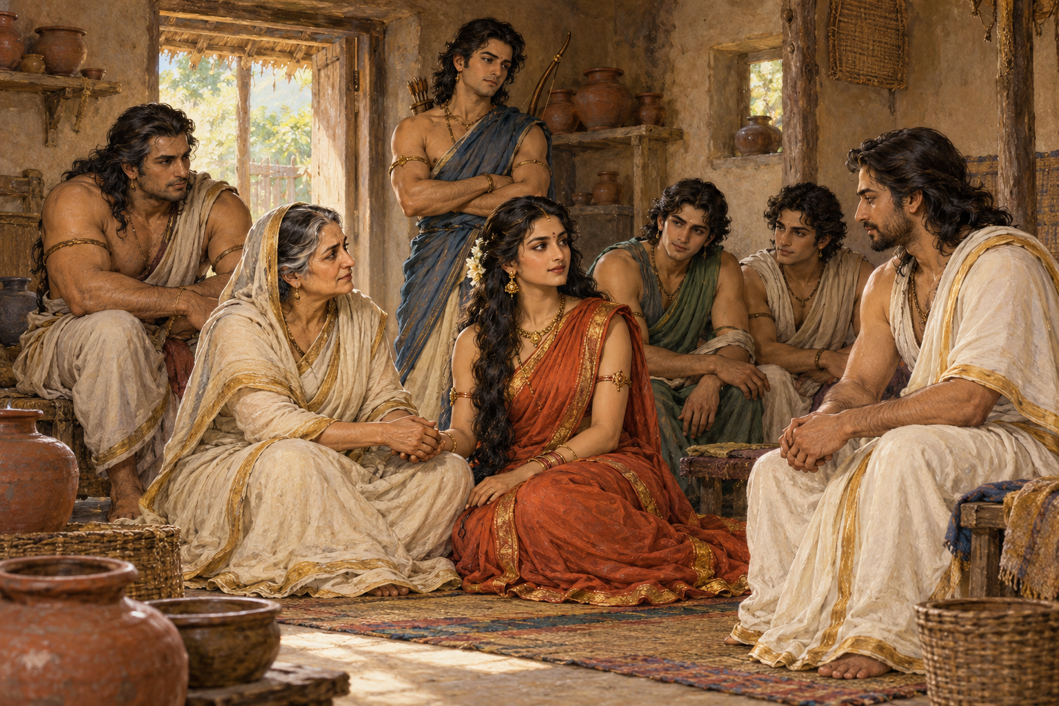 Kuntī holds Draupadī’s hand while the five brothers listen in a humble room with clay vessels.
