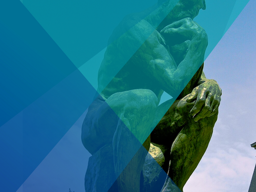 Auguste Rodin's 'The Thinker' sculpture, which is a man sat on a cube with his chin resting on his hand. The left half of the picture is obscured by semi-transparent teal triangles representing Image Experiential's Brand