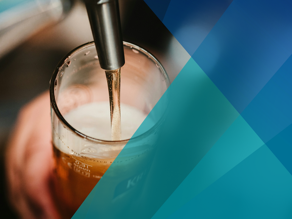A pint of lager being pulled. It is nearl full. The right half of the photo is partially obscured by semi-transparent teal triangles representing Image Experiential.