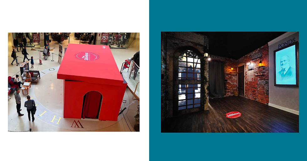 A split screen graphic showing the exterior of a pop-up experience on the left and the interior on the right. The outside looks like a giant red shoebox with a door, in a shopping mall. The inside is a dark, atmospheric space, with red bricks, silhouettes and info-panels.