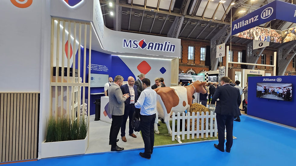 An exhibition stand for MS Amlin Insurance at BIBA 2025, featuring a life sized milkable cow at the front