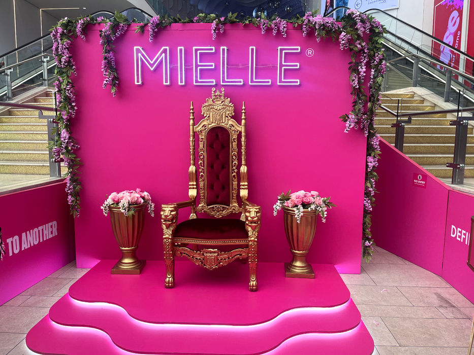 A close up image of a throne, set between two gold planters with pink roses inside. The throne is set against a pink backdrop with an LED Mielle logo on it. Pink wisteria flowers frame the backwall.