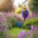 a human landscape gardener tending to purple flowers in a backyard.jpg