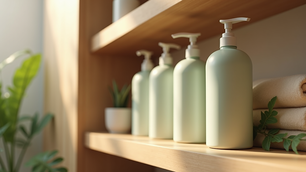 Close-up view of eco-friendly cleaning bottles on a wooden shelf