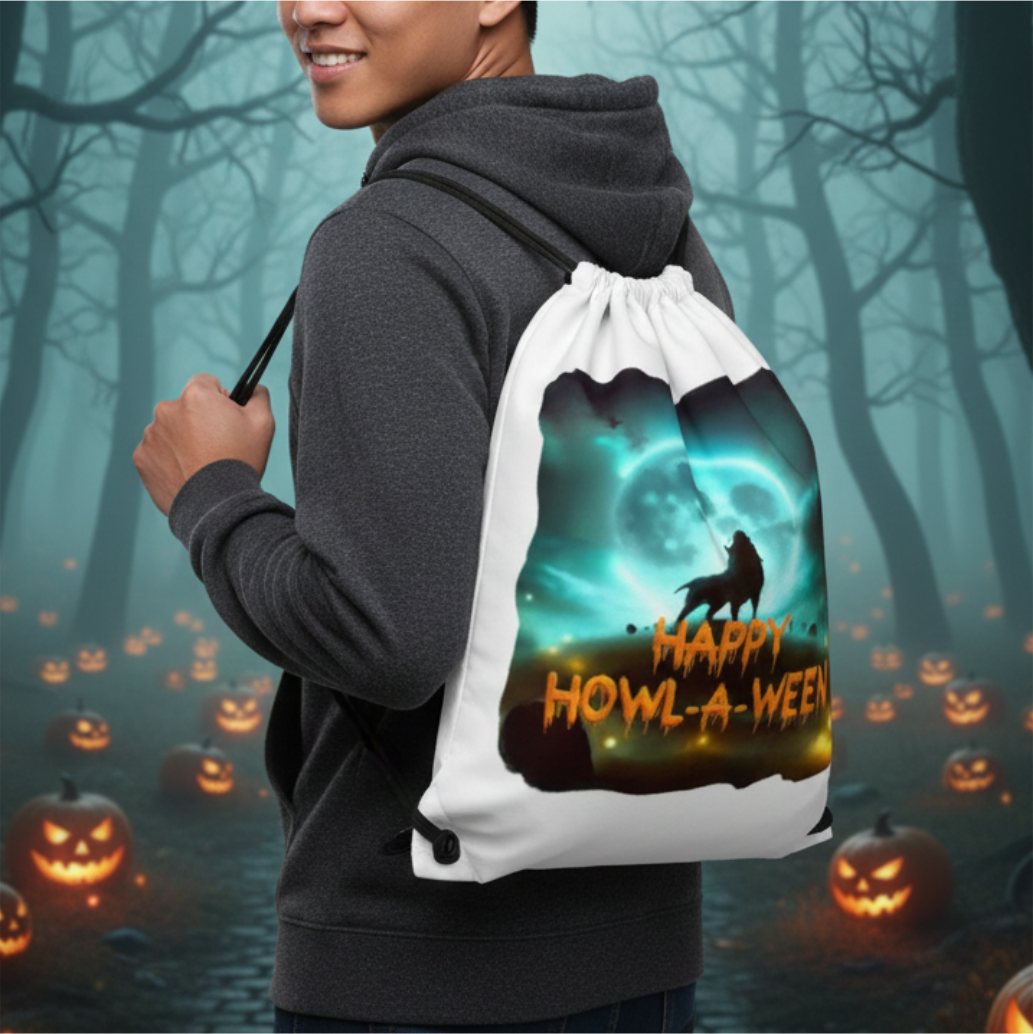 Person wears drawstring trick-or-treat bag with HAPPY HOWL-A-WEEN wolf design.
